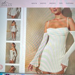 Oh Polly Niari Long Sleeve Bardot Mini Dress in Stone